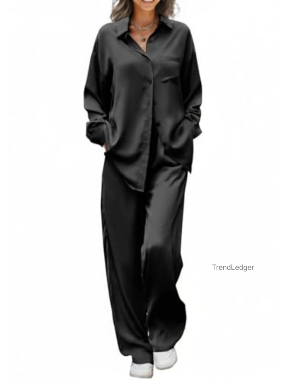 Silky Satin Pajama Set Button Down Long Sleeve Loungewear Women's Sleepwear